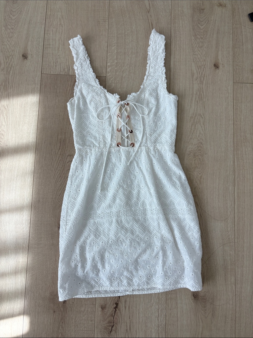 For Love & Lemons XS White Eyelet Lace-Up Mini Dress